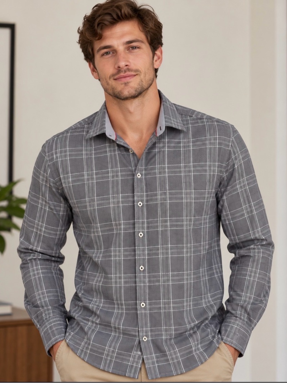 Bugatchi Shirt Mens XL Classic Fit Gray Plaid Check Long Sleeve Dress Shirt